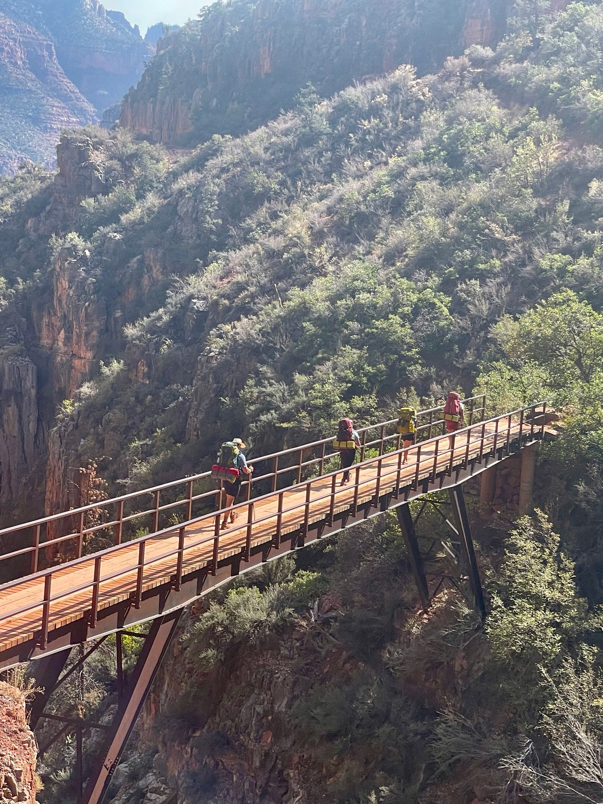 A group of people are walking across a bridge in the mountains.