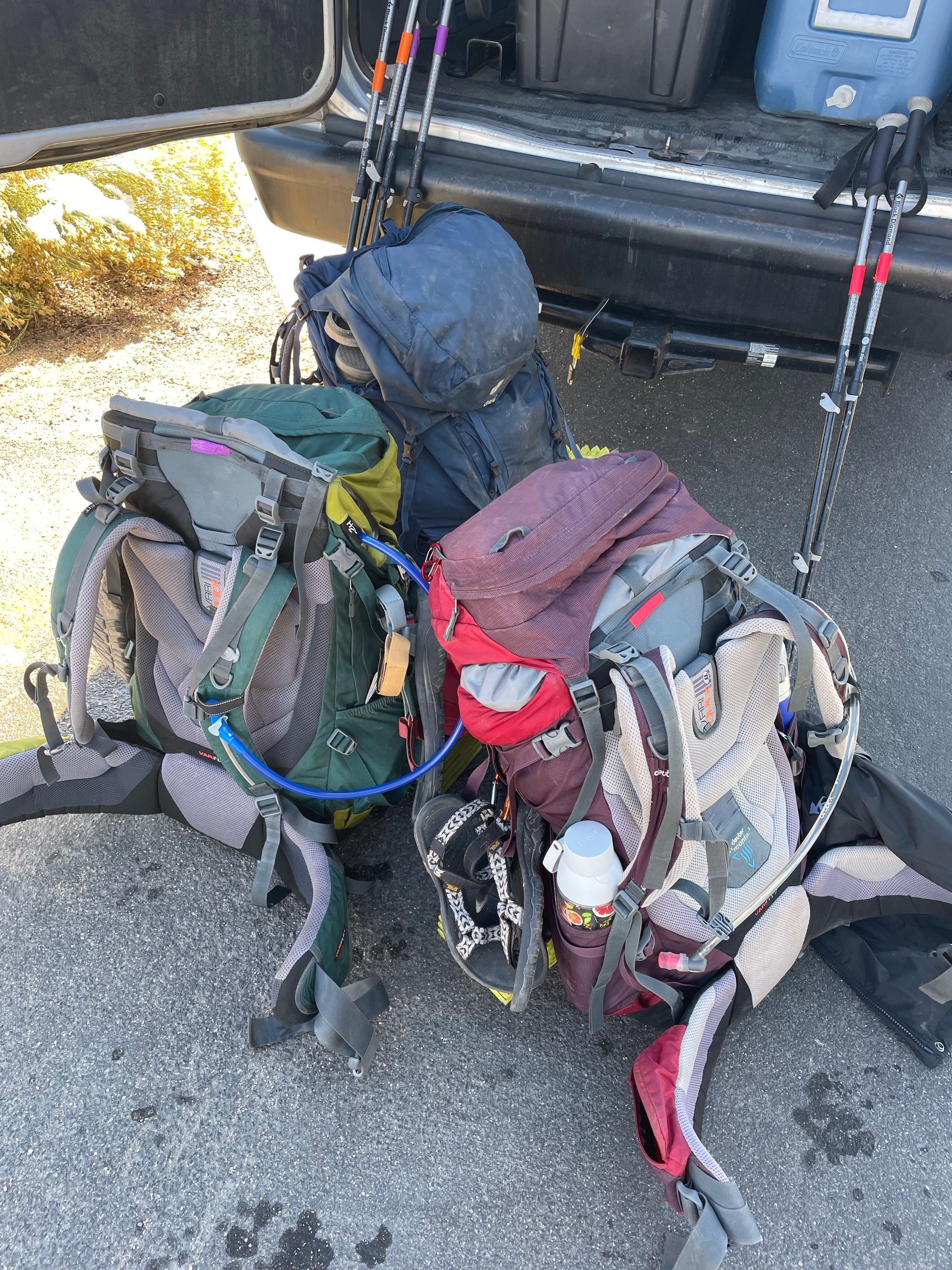 A bunch of backpacks are sitting in the back of a truck.