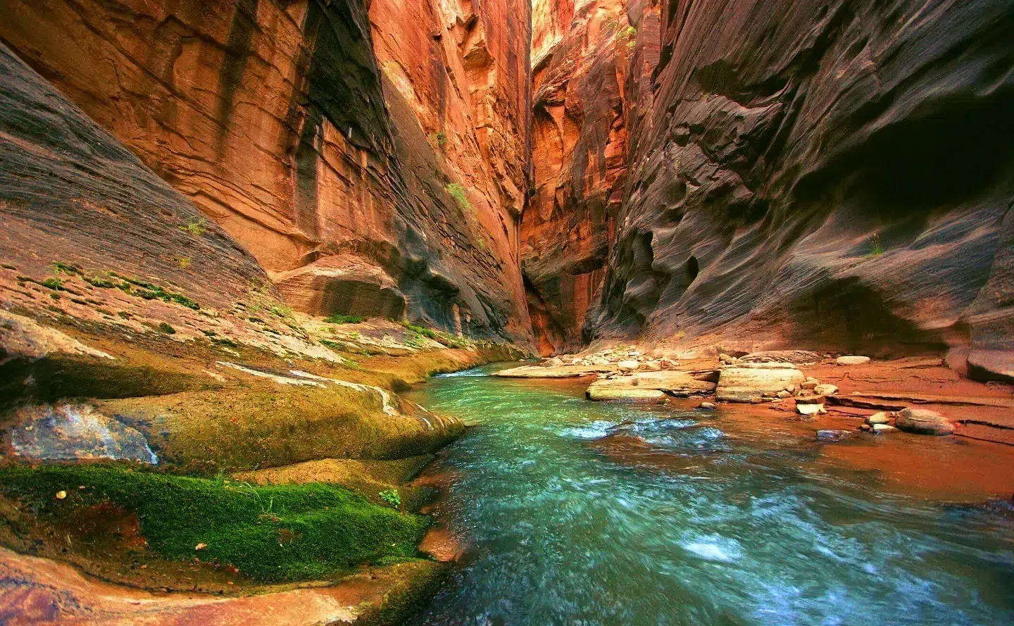 Narrow canyon with a flowing river; red and brown rock walls, green moss, and blue-green water.