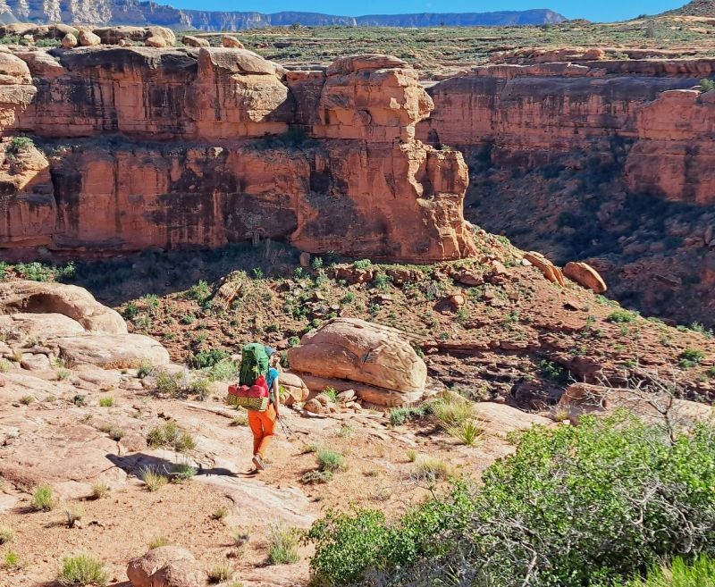 Hikers with backpacks walking through a rocky canyon under blue sky