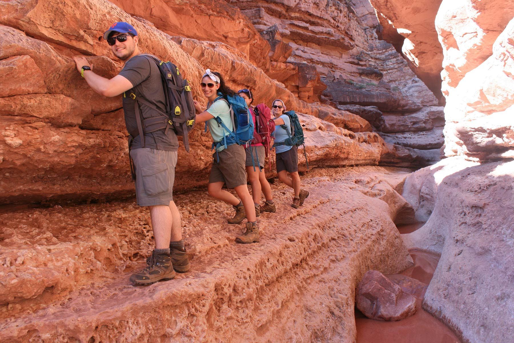 people hiking on the edge of a canyon