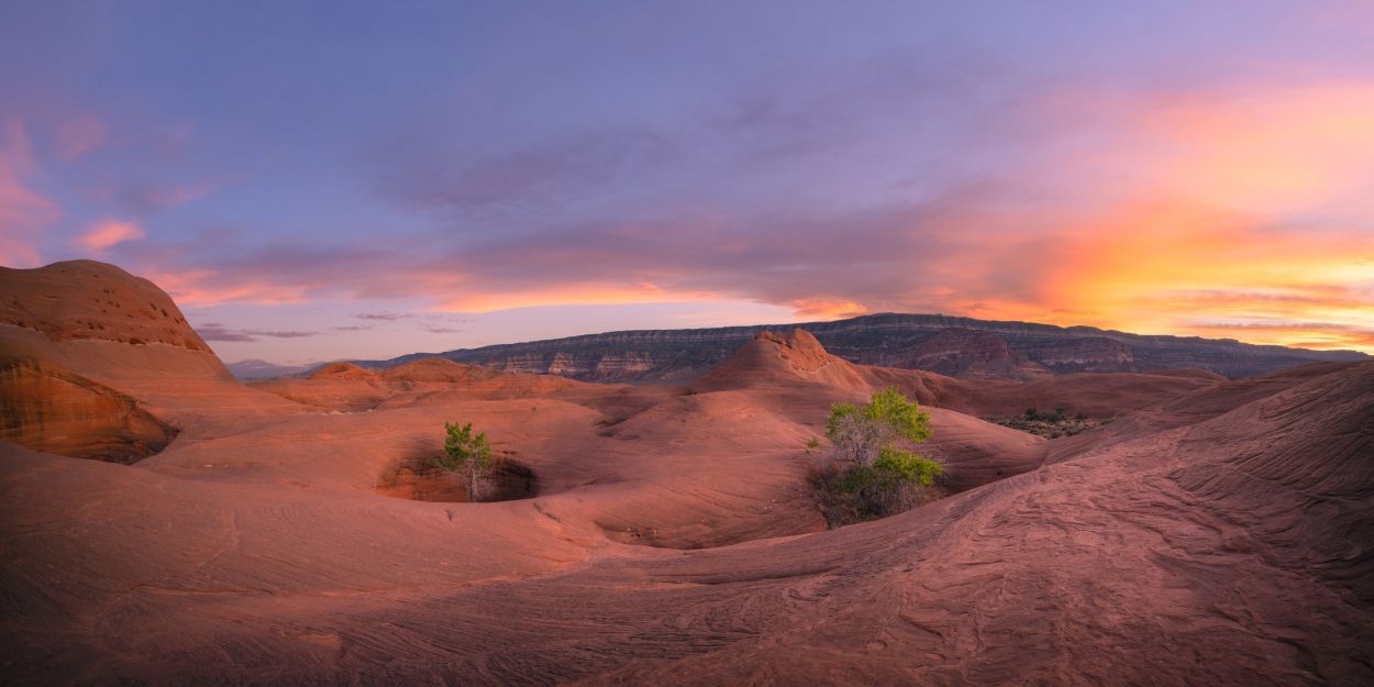 A panoramic view of desert landscape with orange, rocky mounds under a vibrant purple and orange sunset sky.
