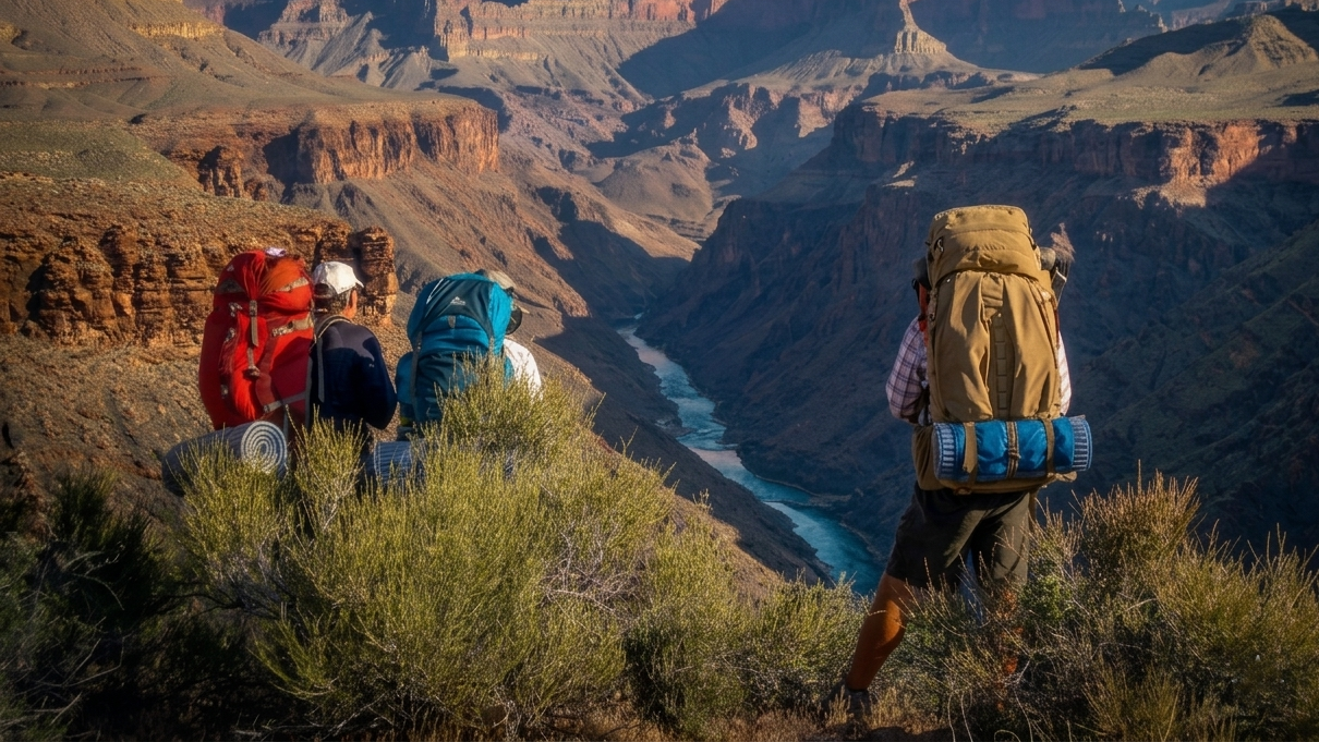 Three hikers with large backpacks overlooking a sunlit canyon from a rocky trail