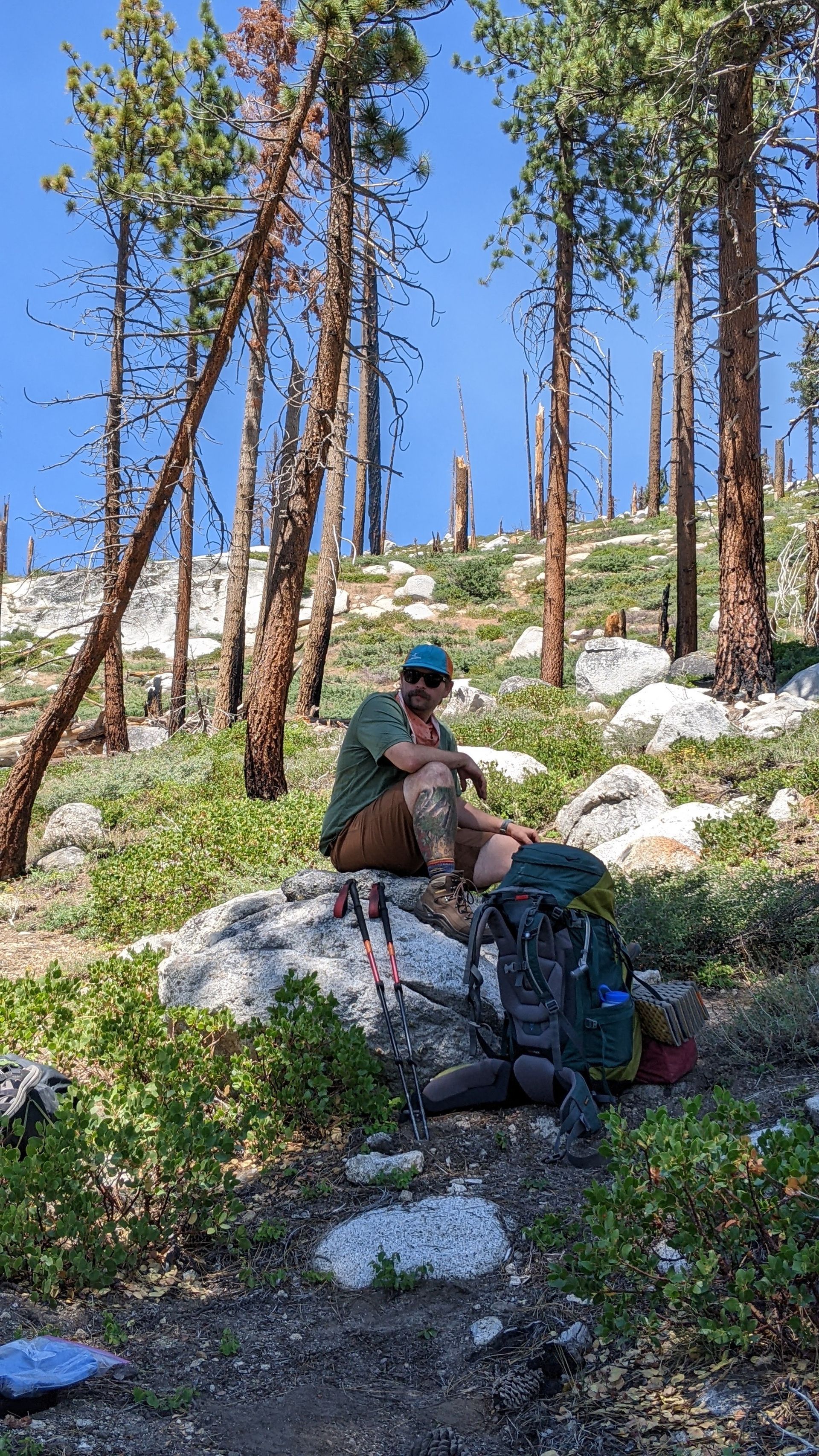 A man is sitting on a rock in the woods with a backpack.