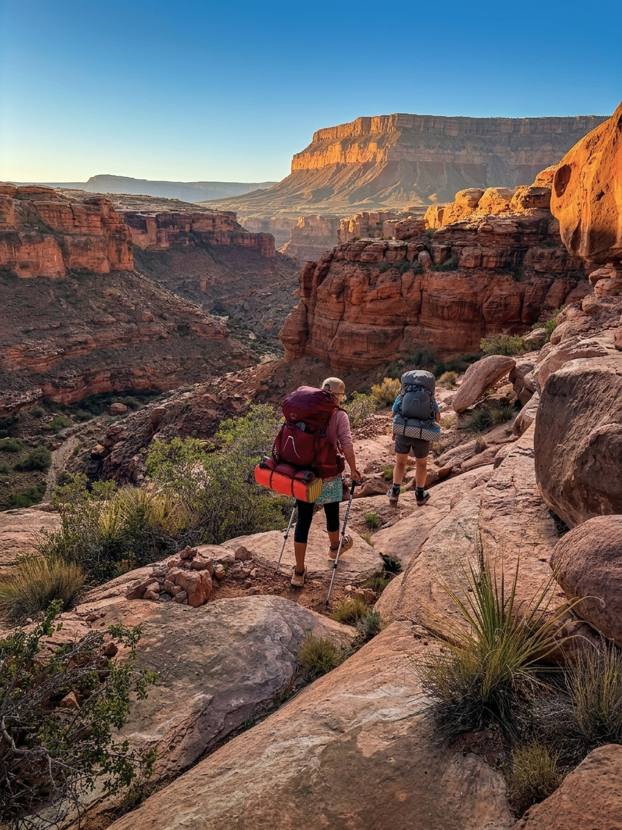 Two women hikers descend a rocky canyon trail at sunset, with red cliffs glowing in the distance.