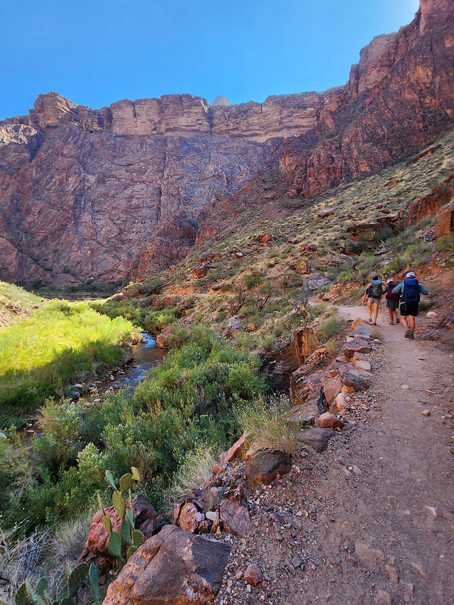 Hikers on a narrow trail beside a rocky canyon wall under a blue sky