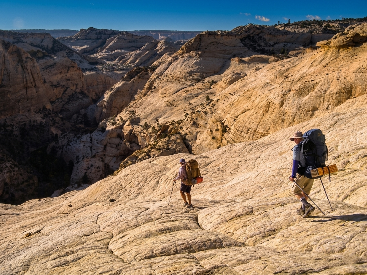 Two hikers with backpacks walking along a rocky desert canyon trail under a clear blue sky
