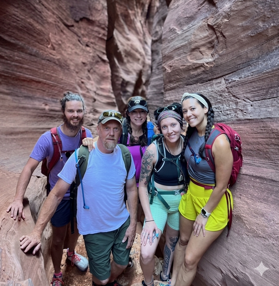 Six hikers posing in a narrow red sandstone canyon, smiling and standing close together.
