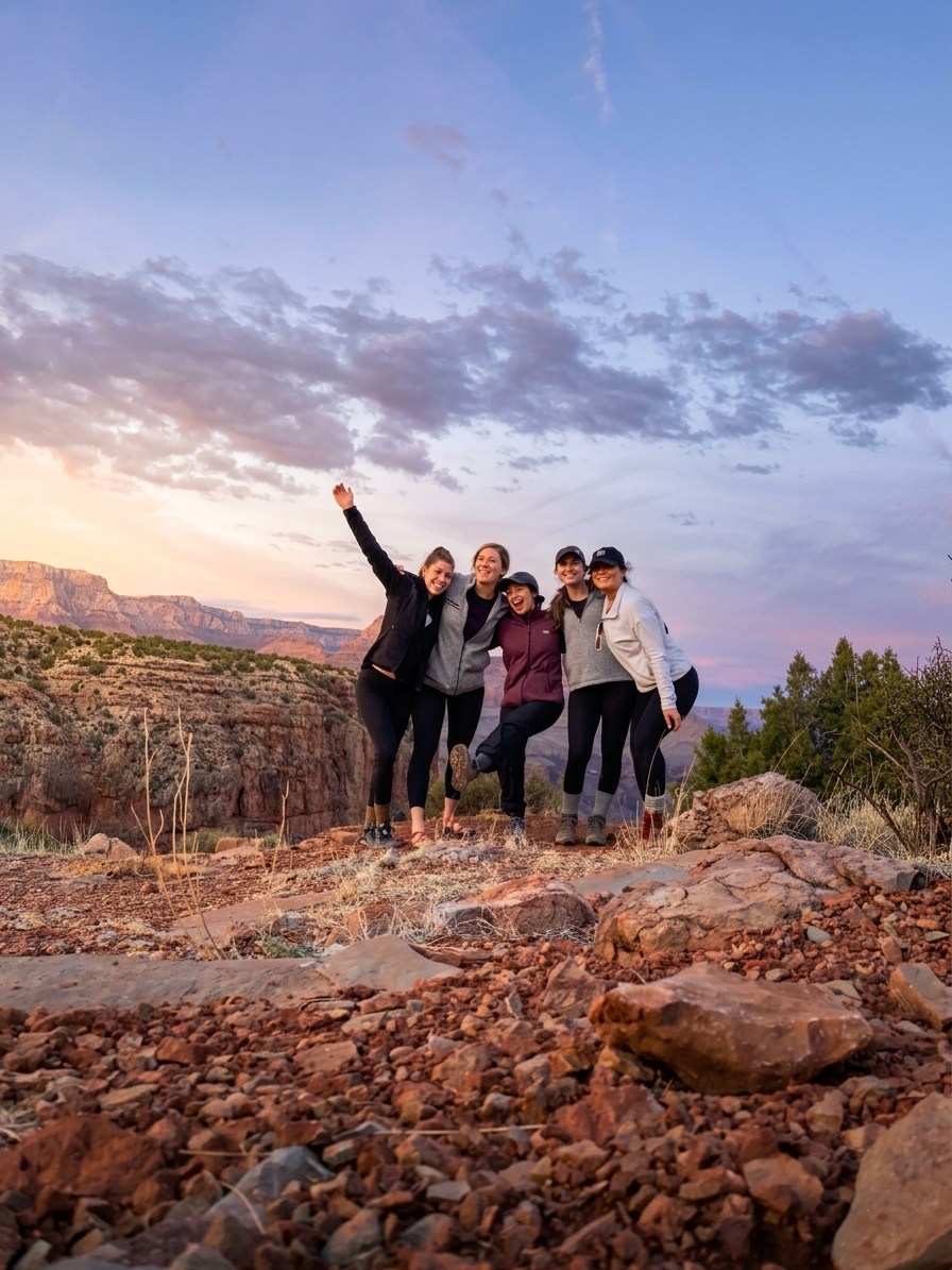 Four people pose on rocky terrain at sunset with a pastel sky and distant hillside town.