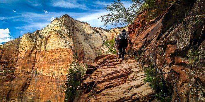 Hiker approaching Angels Landing on a clear fall day