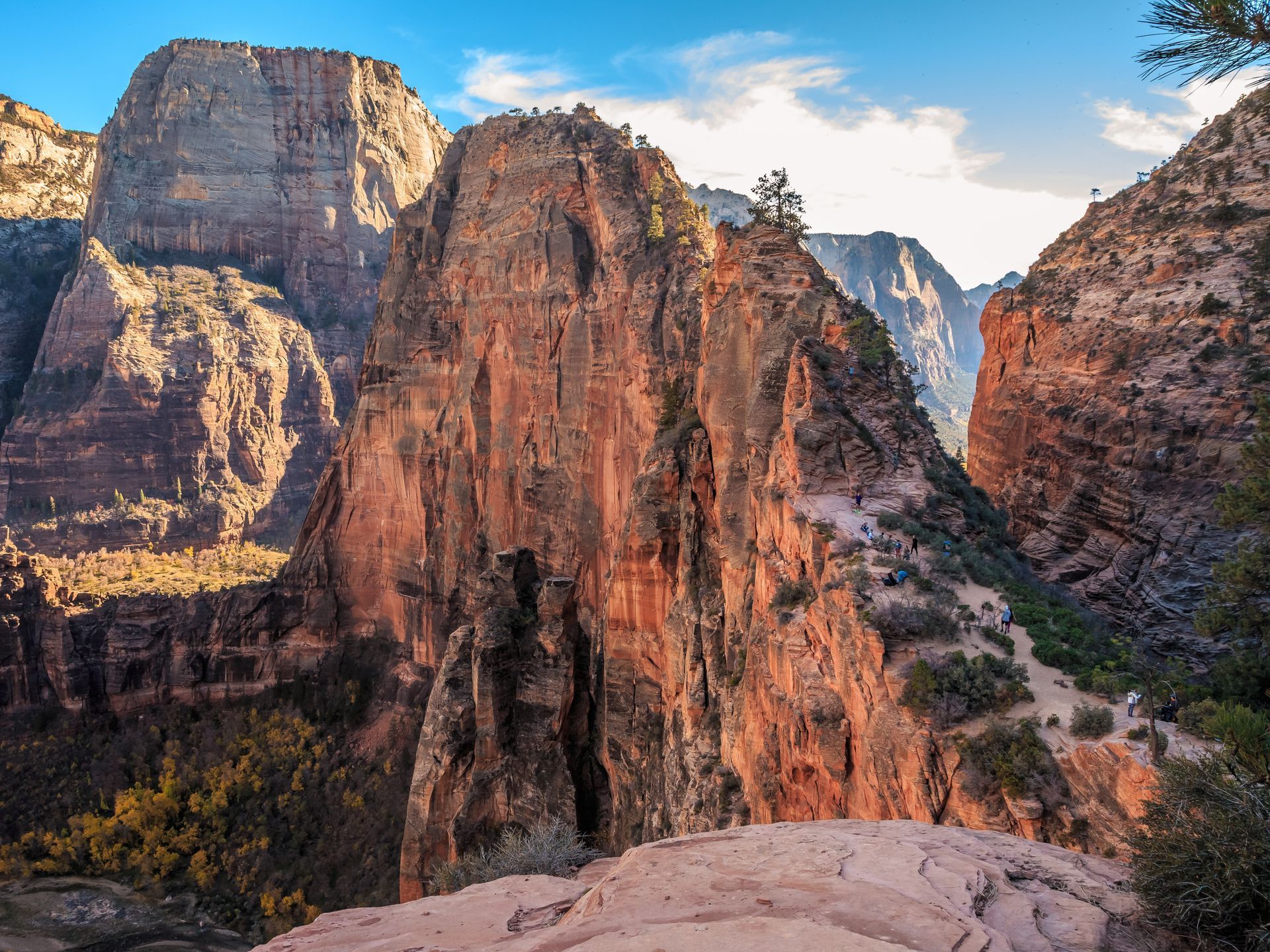 Red sandstone canyon cliffs with a narrow valley and blue sky in Zion National Park