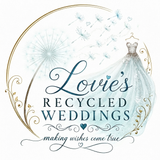 Logo for “Lovie’s Recycled Weddings” with teal and black script and a bride illustration on white background
