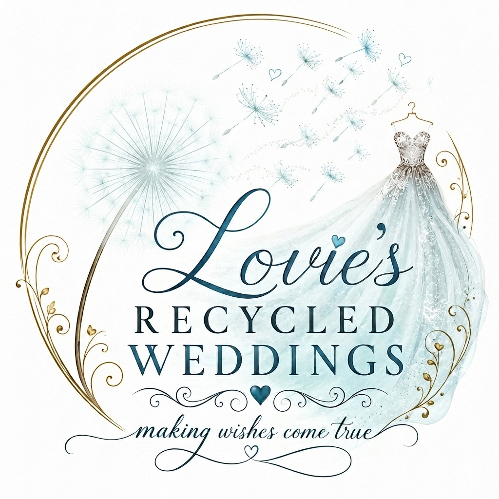 Logo for “Lovie’s Recycled Weddings” with teal and black script and a bride illustration on white background