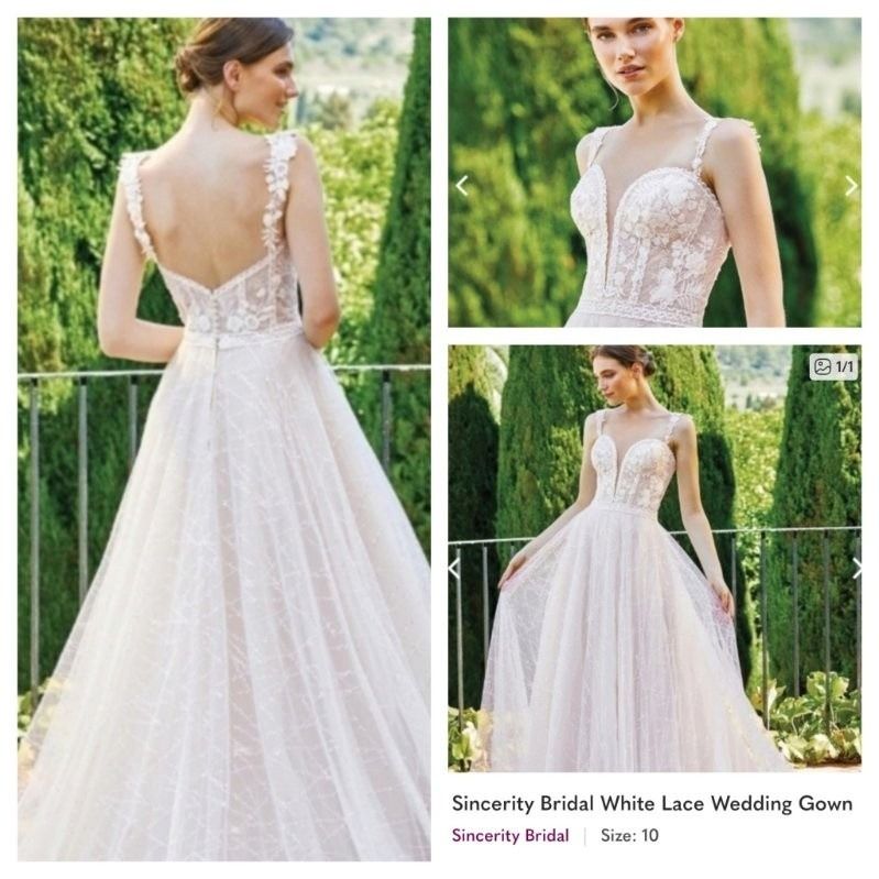 White lace wedding dress with open back and long tulle skirt, shown on a model in a garden setting