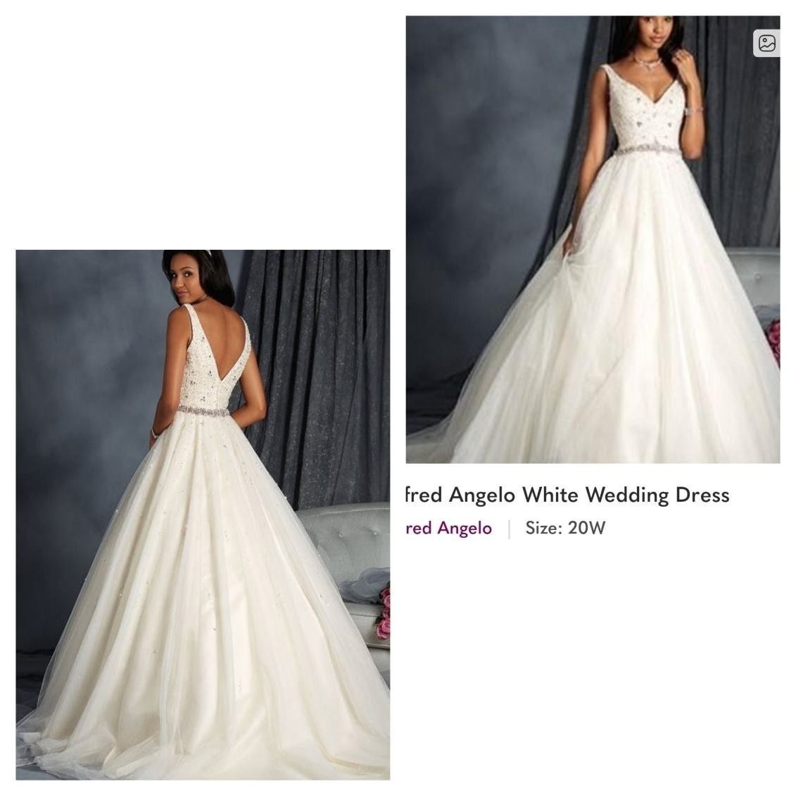 Sleeveless white bridal gown with deep V-back and flowing tulle skirt, shown front and back on model.