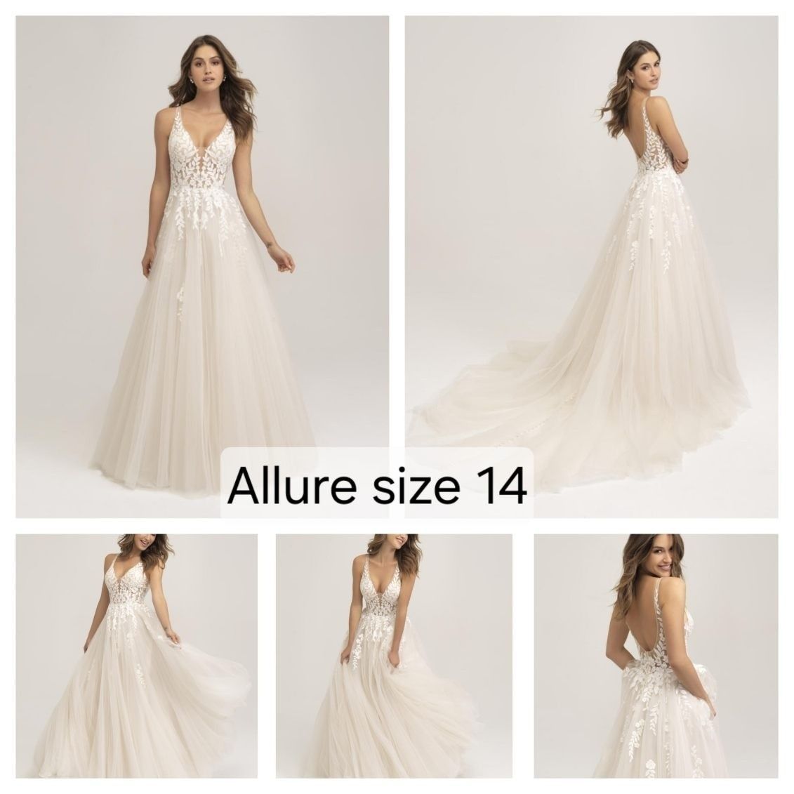 White lace wedding dress shown in front, side, back, and detail views; labeled “Allure size 14”