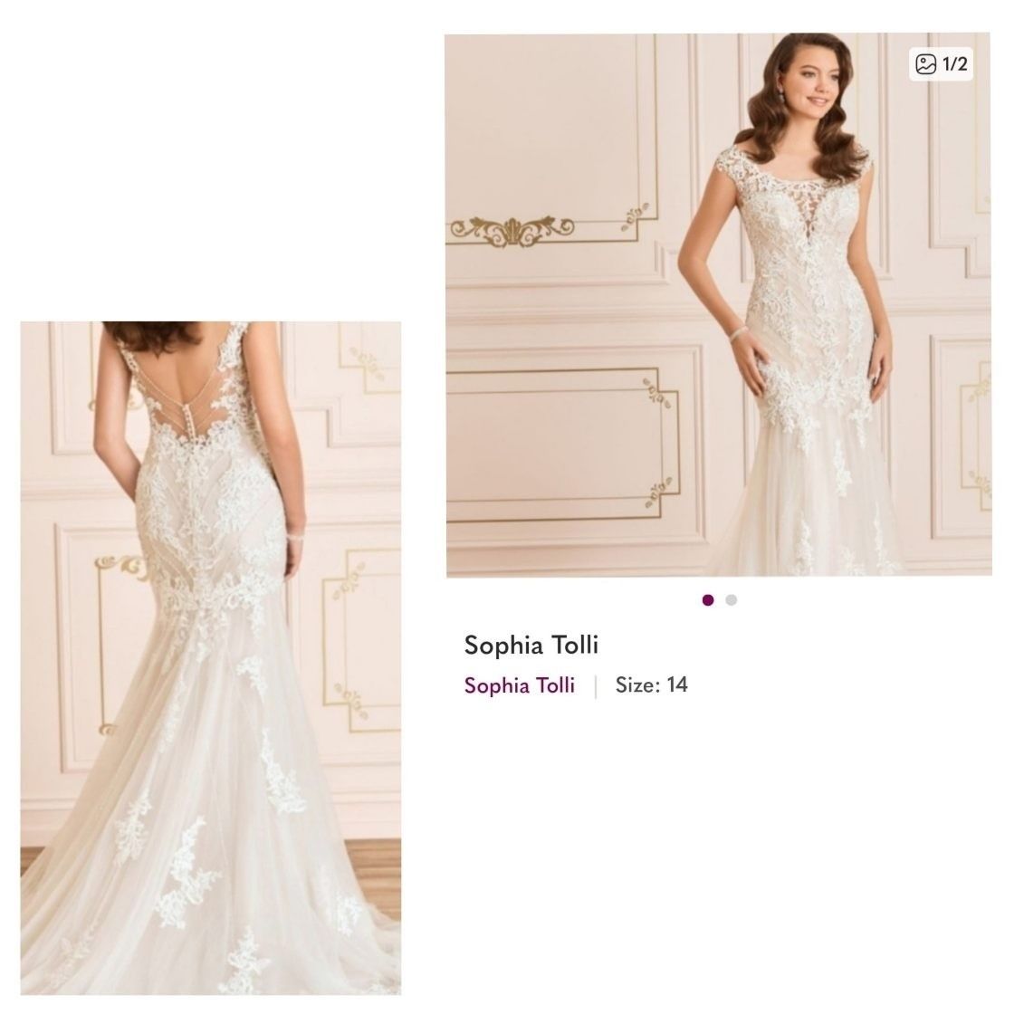 White beaded bridal gown with sheer lace details, shown front and back on a model against a blush studio backdrop.