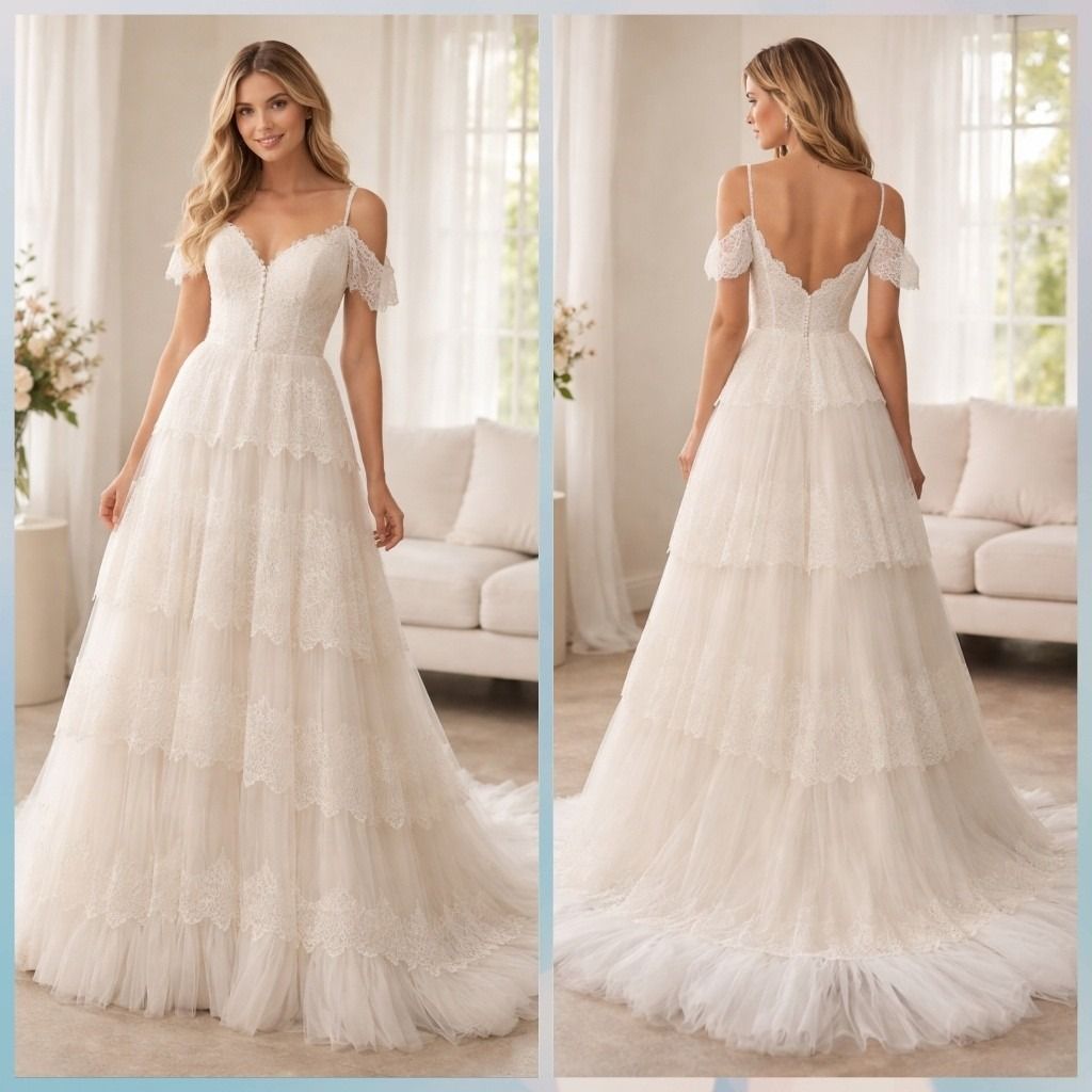 White off-shoulder bridal gown with layered tulle skirt, shown front and back in a bright room