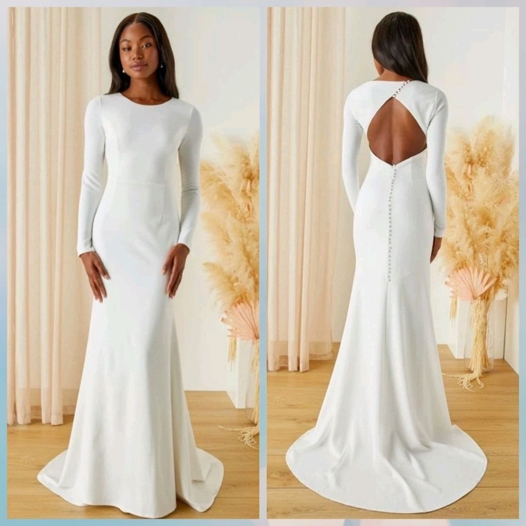 White backless long-sleeve gown shown front and back on a model in a soft, beige studio setting