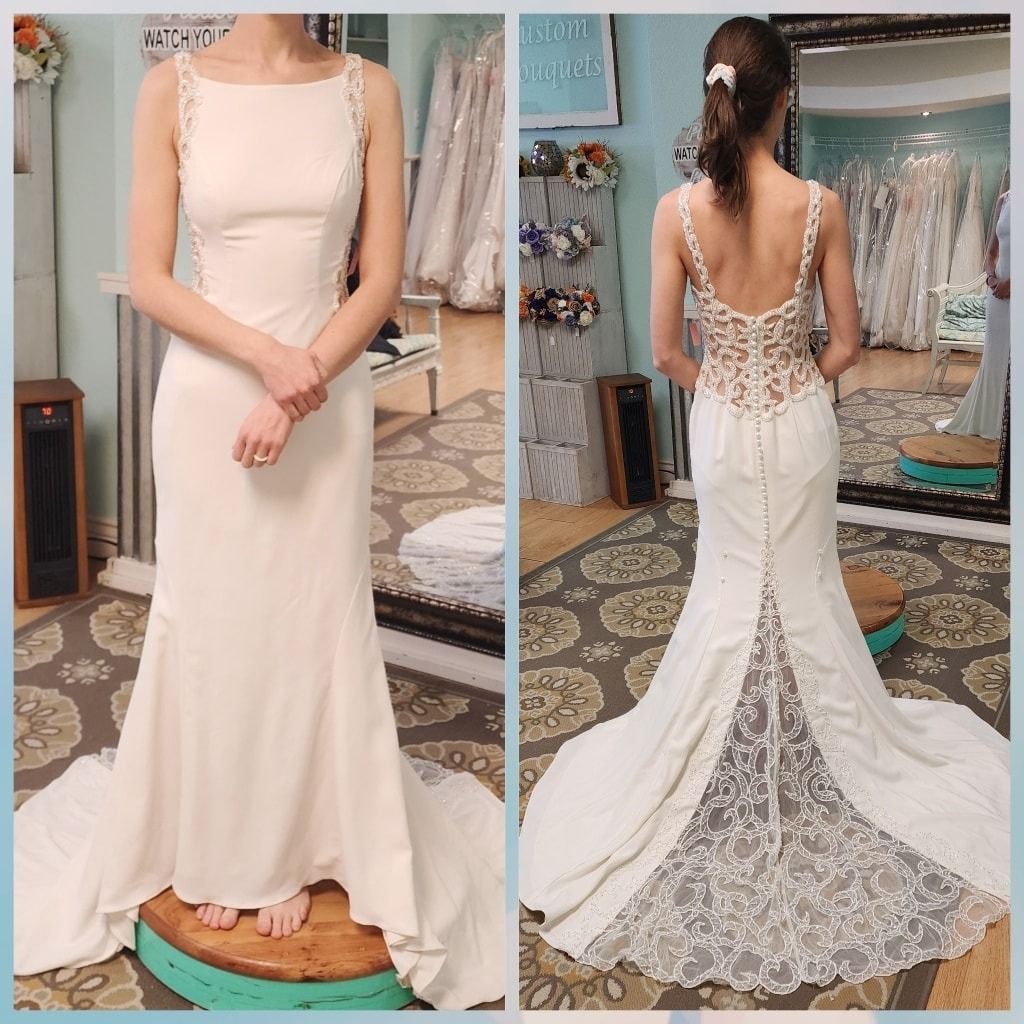Front and back views of a white lace wedding dress with train in a boutique fitting room