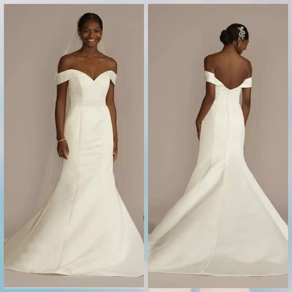 White off-the-shoulder bridal gown shown front and back against a beige background.