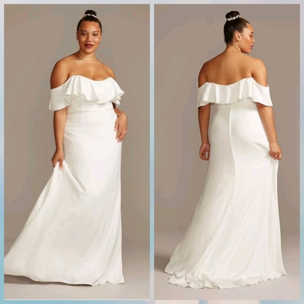 White off-shoulder maxi dress shown front and back on a beige background