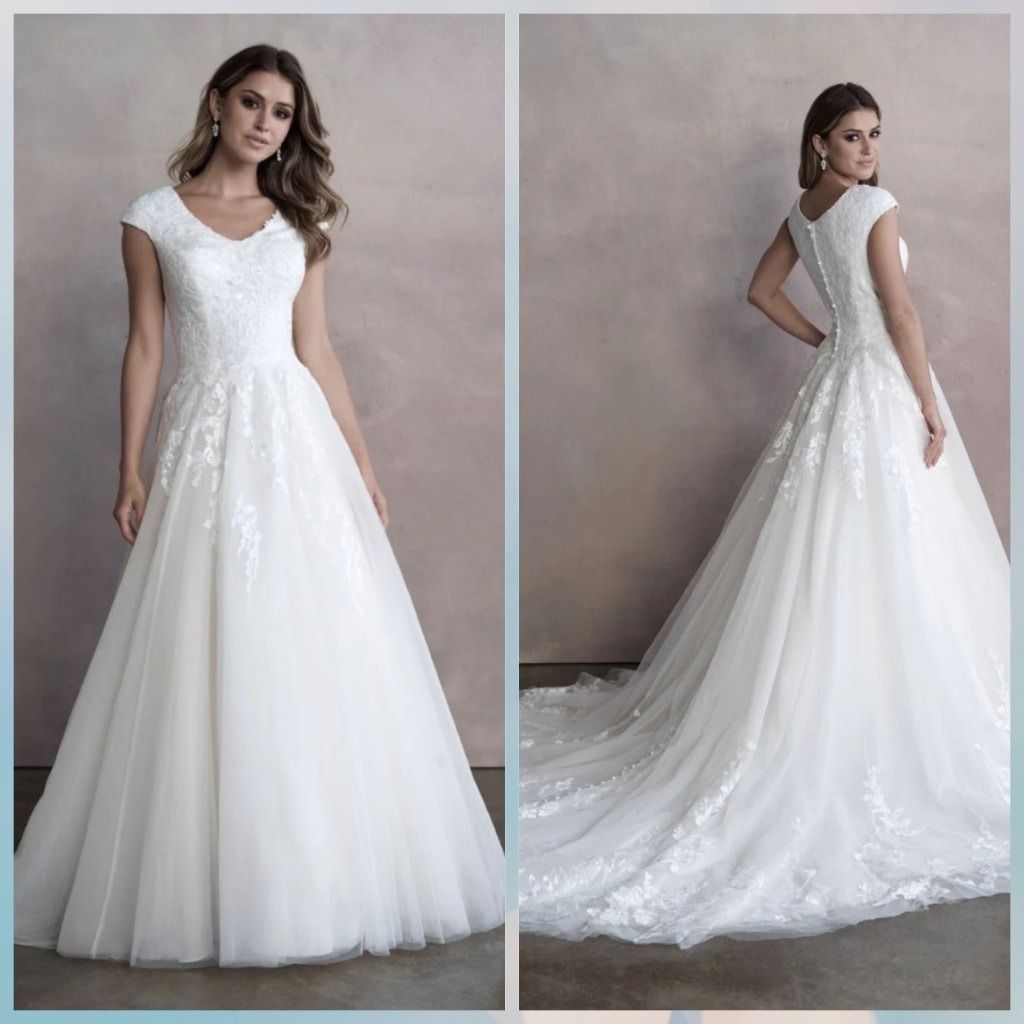 White sleeveless lace wedding dress with tulle skirt, shown front and back on a model