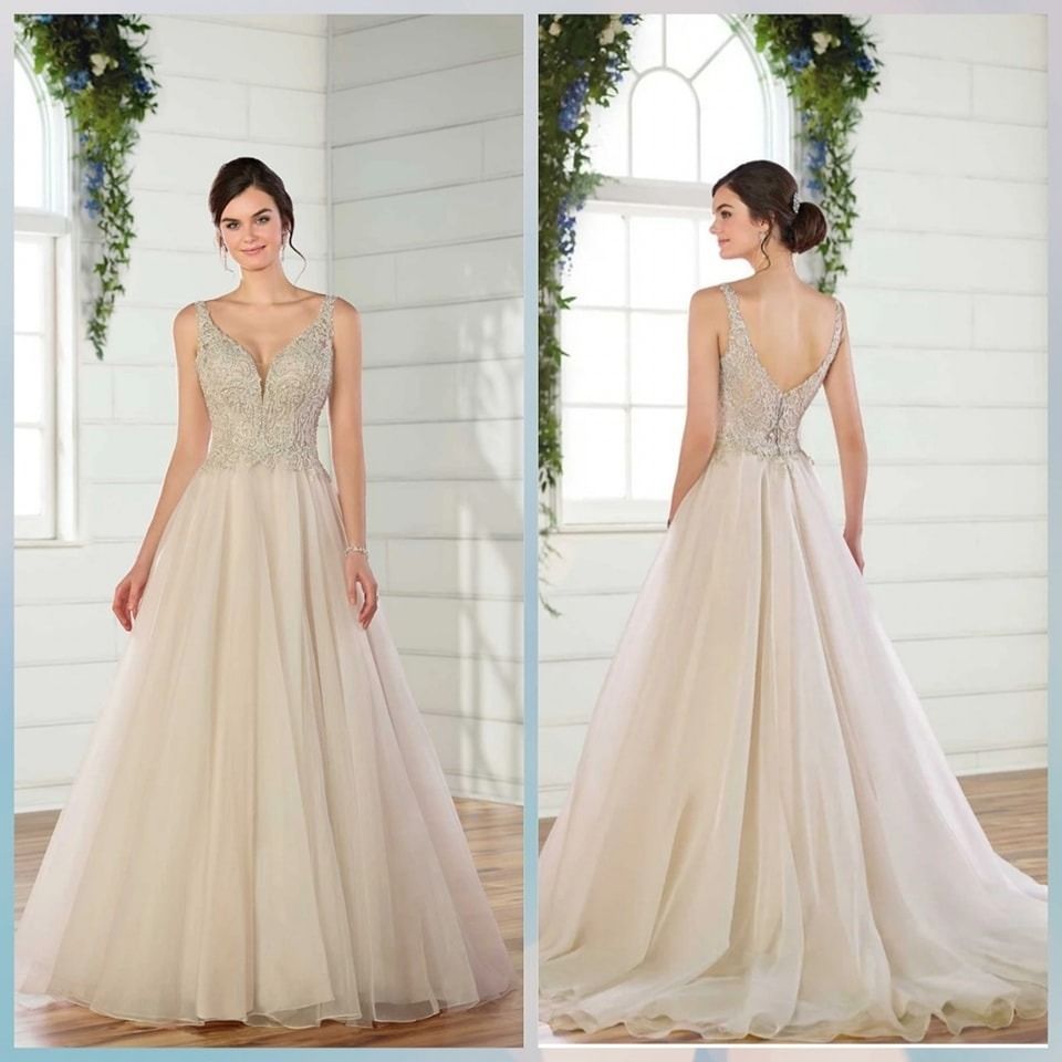 Beige floor-length evening gown with embellished bodice, shown front and back on a model.