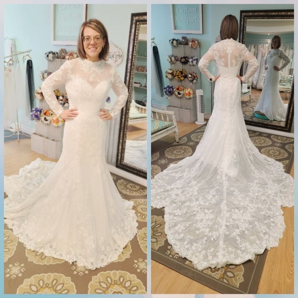Woman modeling a long-sleeve white lace wedding dress, front and back views in a bridal shop