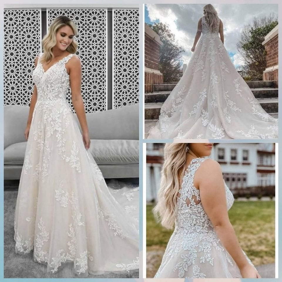 Collage of a white lace bridal gown with a long train, shown front and back in an outdoor setting