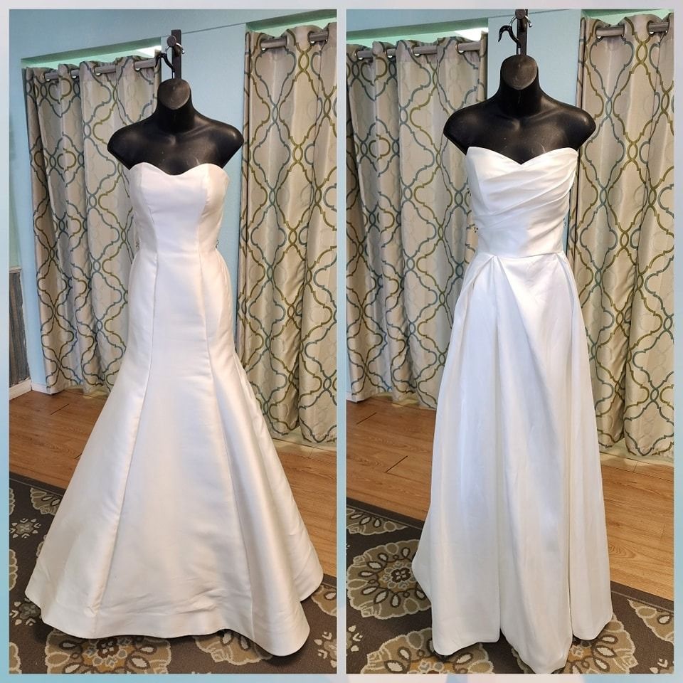Two views of a white strapless wedding dress on a mannequin, shown in a room with curtains and wood floor.