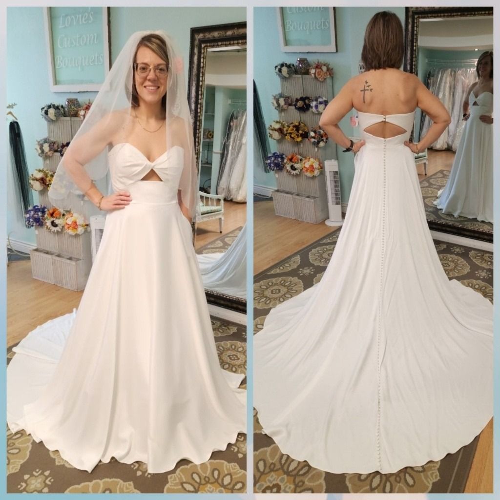 Woman modeling a white bridal gown, shown front and back in a boutique studio.