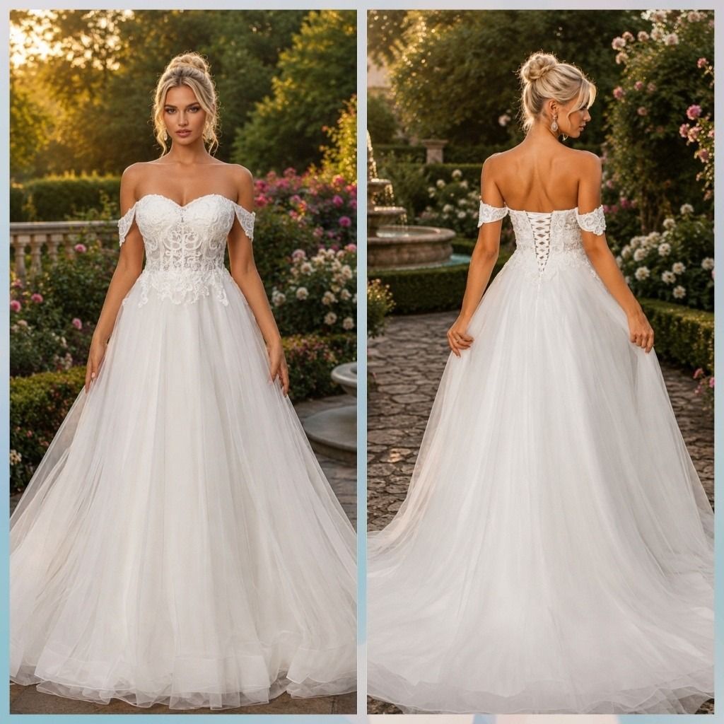 Bridal gown shown front and back: strapless white wedding dress with lace bodice and tulle skirt in a garden setting