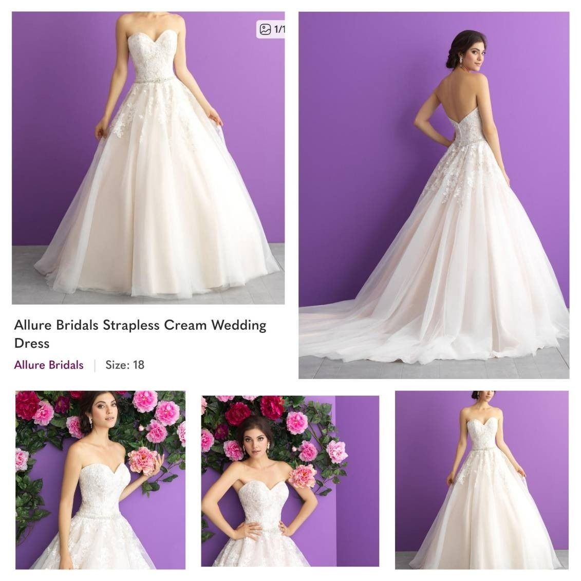 Collage of a strapless cream wedding dress modeled from front, back, and side against a purple background