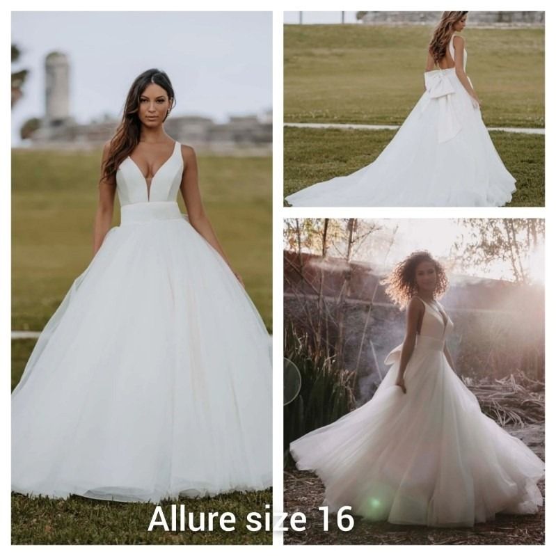White strapless ball gown wedding dress shown front, back, and side views outdoors; labeled “Allure size 16”