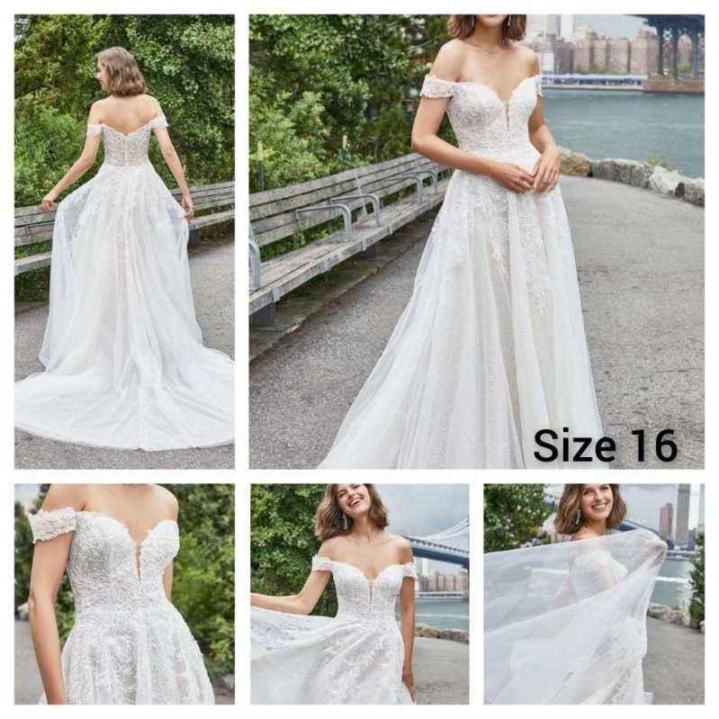 Collage of a white lace strapless wedding dress shown from front and back by a waterfront bench, size 16