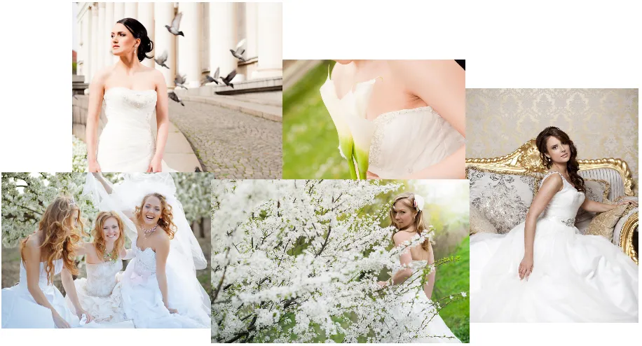Bride in a white gown collage in a garden, showing several poses among blooming flowers and stone architecture