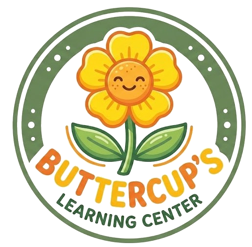 Logo for Buttercup's Learning Center featuring a smiling yellow flower with green leaves, set in a green circular frame.