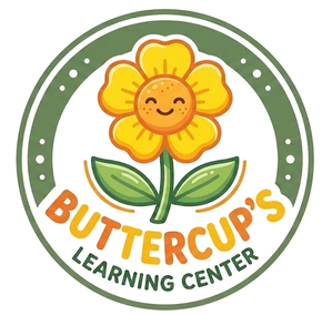 Logo for Buttercup's Learning Center featuring a smiling yellow flower with green leaves, set in a green circular frame.
