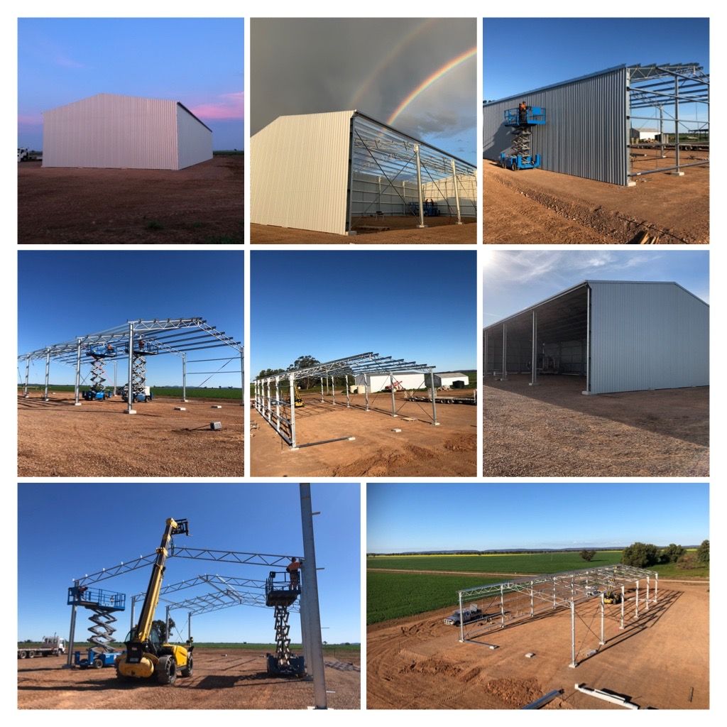 Construction of a metal building in various stages. Scenes show the frame being erected, a partially completed structure, and the finished exterior in a rural setting.