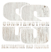 Weathered white logo reading "SC Construction" with "Restoration and Fencing" below