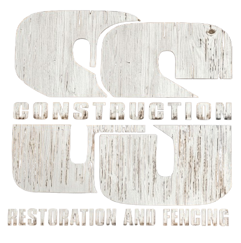Weathered white logo reading "SC Construction" with "Restoration and Fencing" below