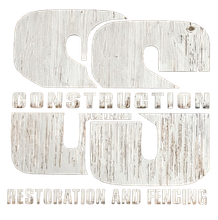 Weathered white logo reading "SC Construction" with "Restoration and Fencing" below