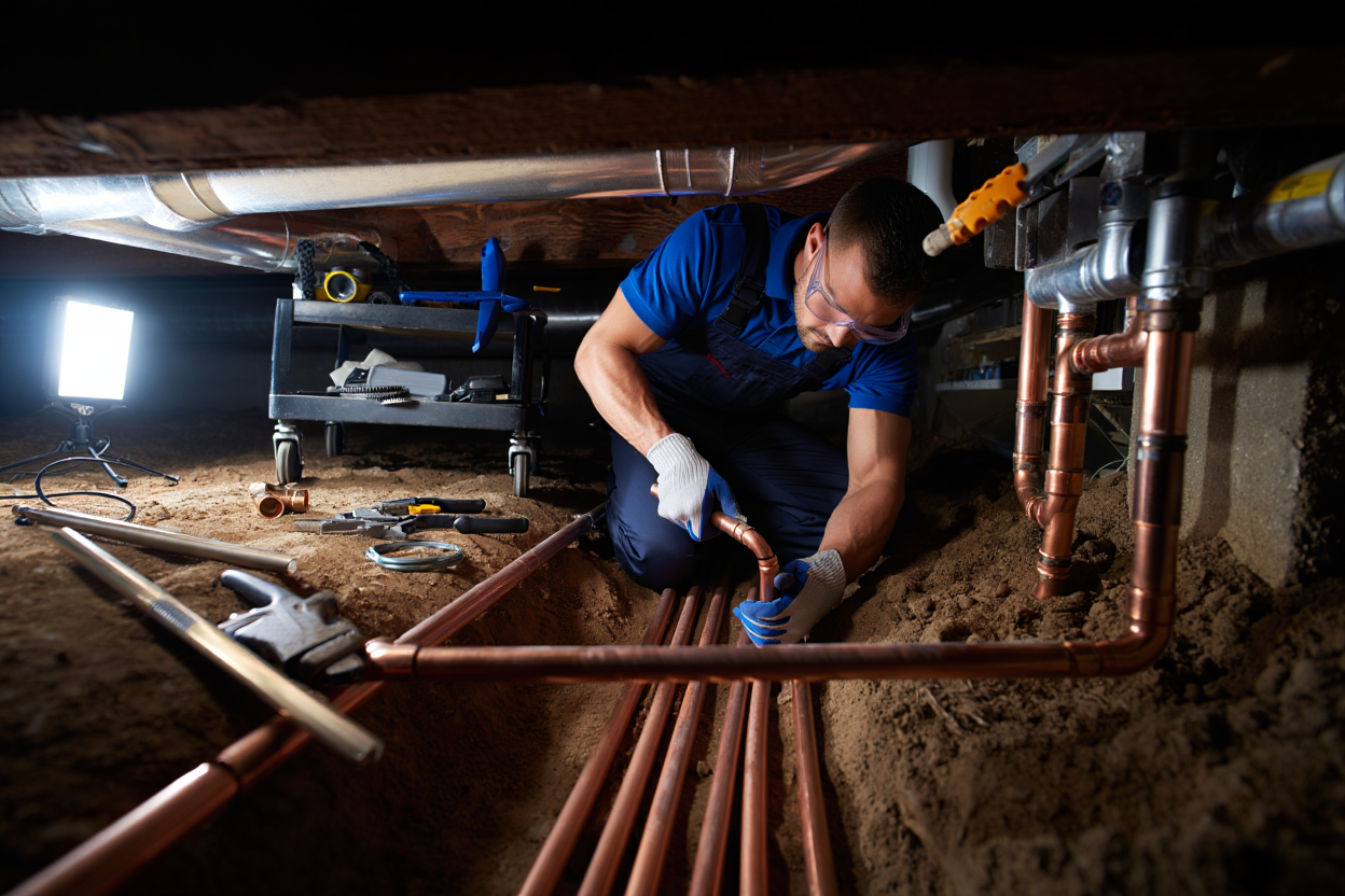 A man is working on copper pipes in a basement.