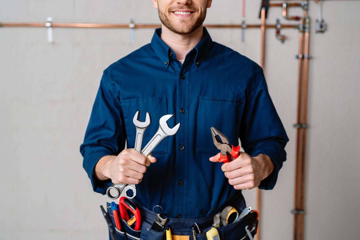 A man in a blue shirt is holding a wrench and pliers.
