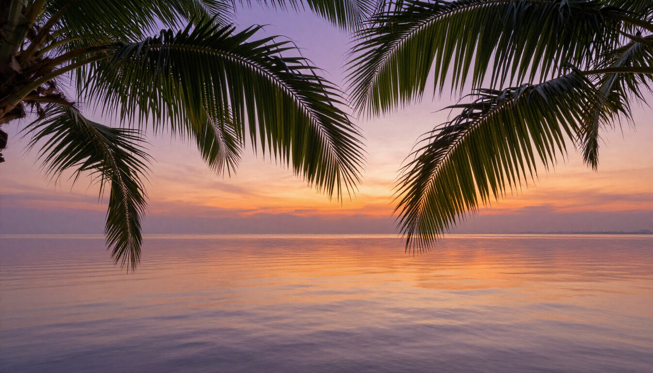 A calm sea after a storm with palm branches on the shore.