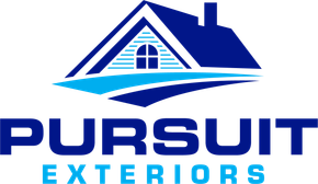 The logo for pursuit exteriors has a house on it.