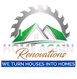 Home Again Renovations logo with house, saw blade, and blue slogan: &ldquo;We turn houses into homes&rdquo;