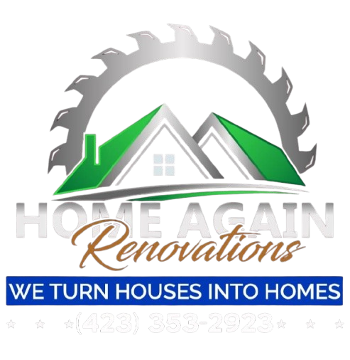 Home Again Renovations logo with house, saw blade, and blue slogan: &ldquo;We turn houses into homes&rdquo;