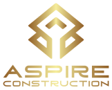 Aspire Construction logo with gold geometric emblem and text on a white background